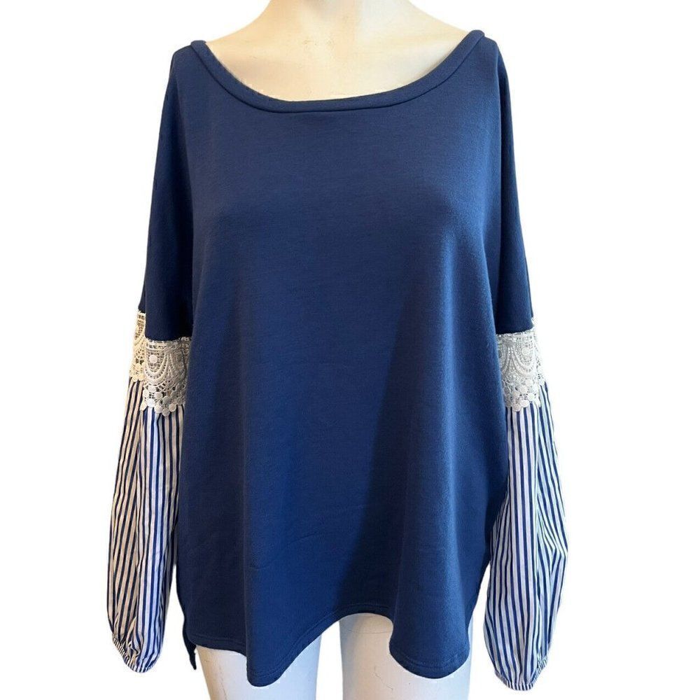 Ladies Size XL Blue Long Sleeve Blouse Knit Lace Stripes Stretch Pullover Hannah